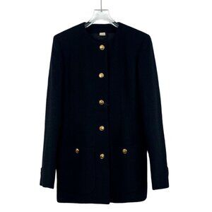 Gucci Black Wool Blend Longline Blazer With Gold Buttons & Pockets - Womens